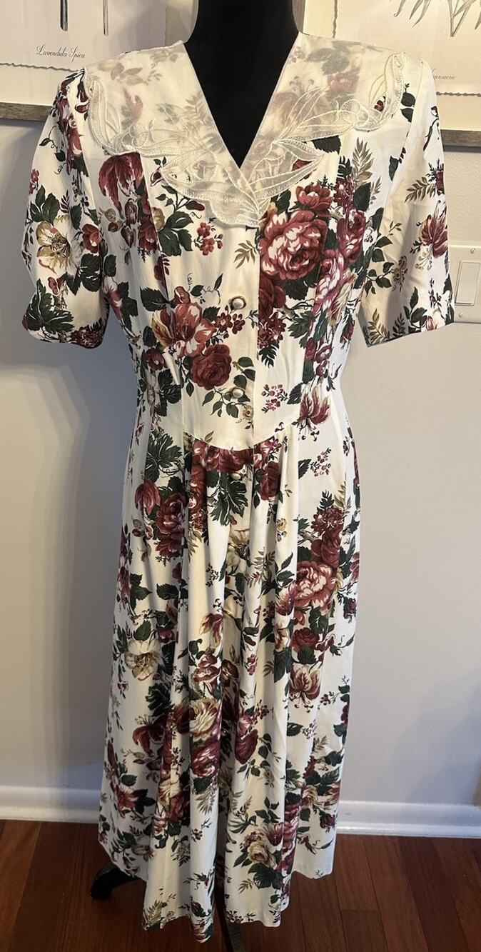VTG 80s Prairie Dress Atina by Karon Crosby Floral Lace Collar Cottage Size 10